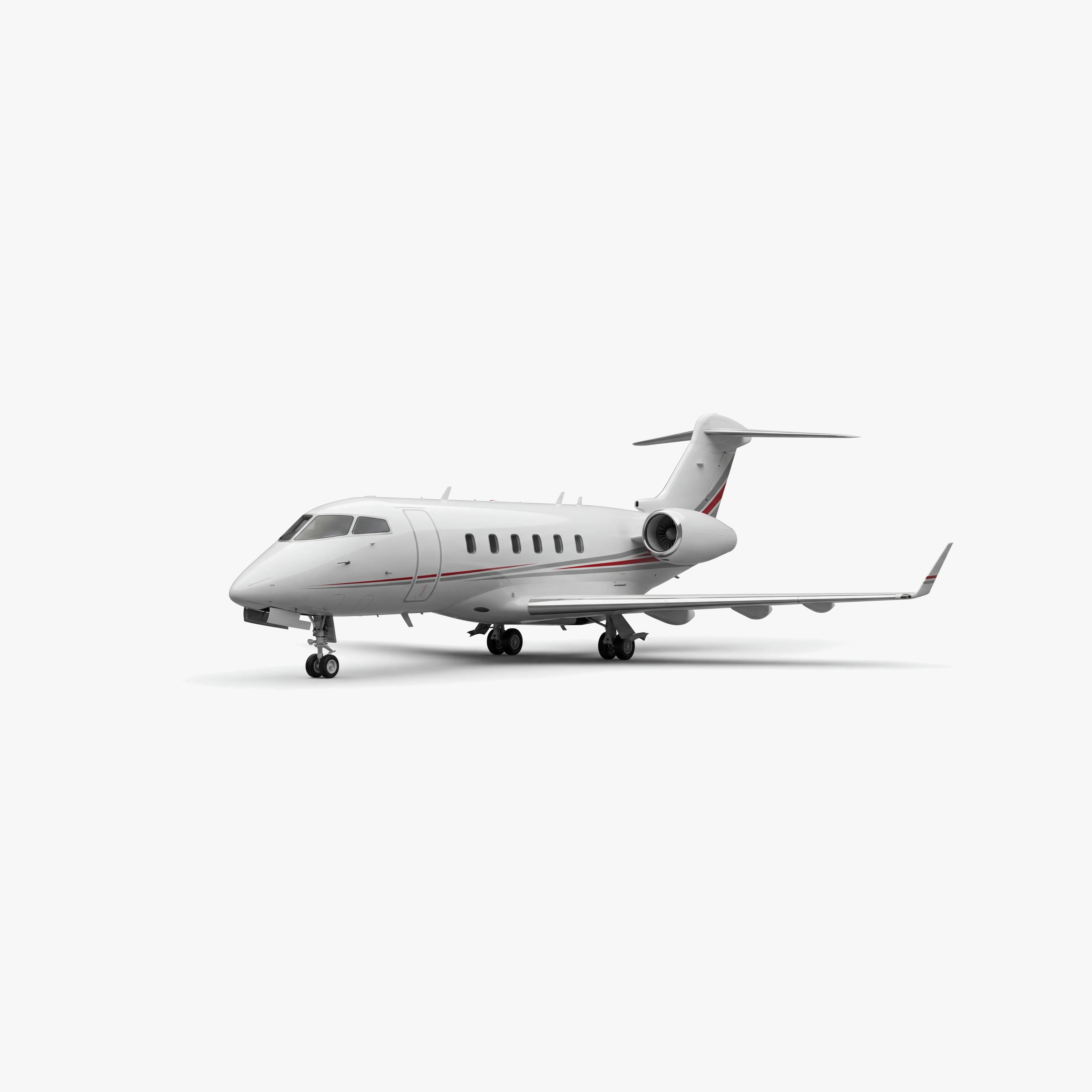 White Challenger 300 super mid-size private jet with red accent stripes on clean studio background