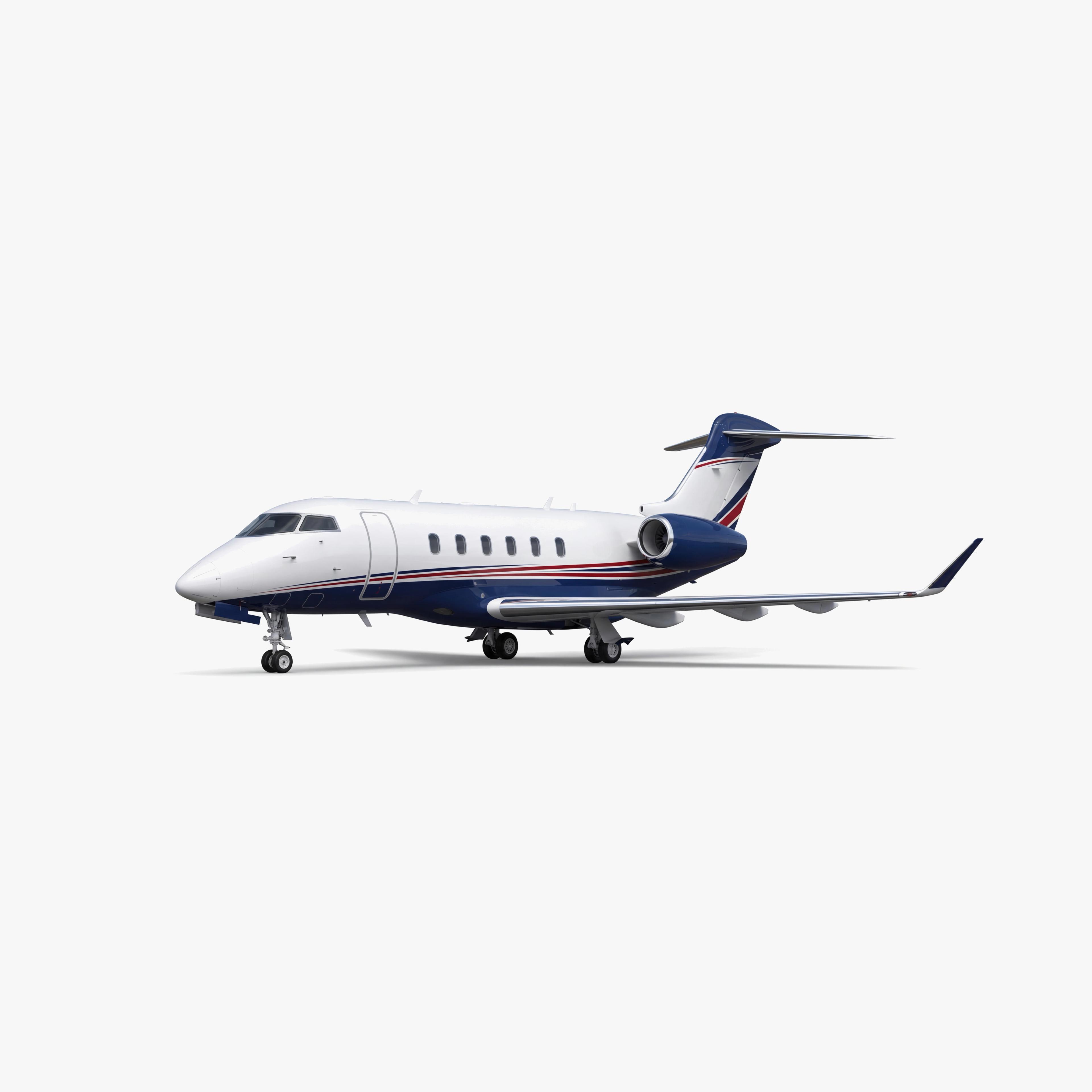 Challenger 350 mid-size business jet with white fuselage, blue and red accent stripes, T-tail design