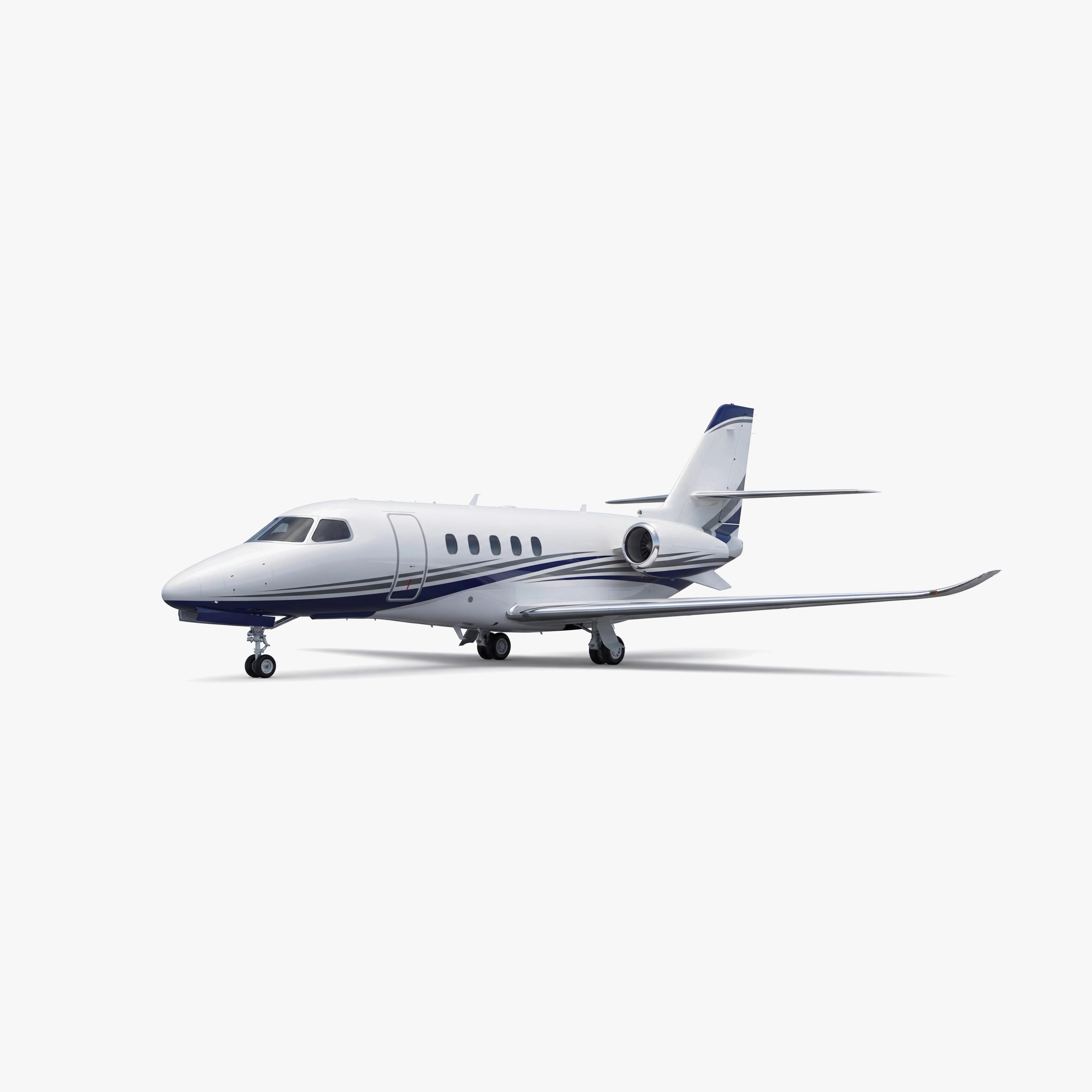 White Citation Latitude mid-size private jet with blue accent stripes on clean studio background