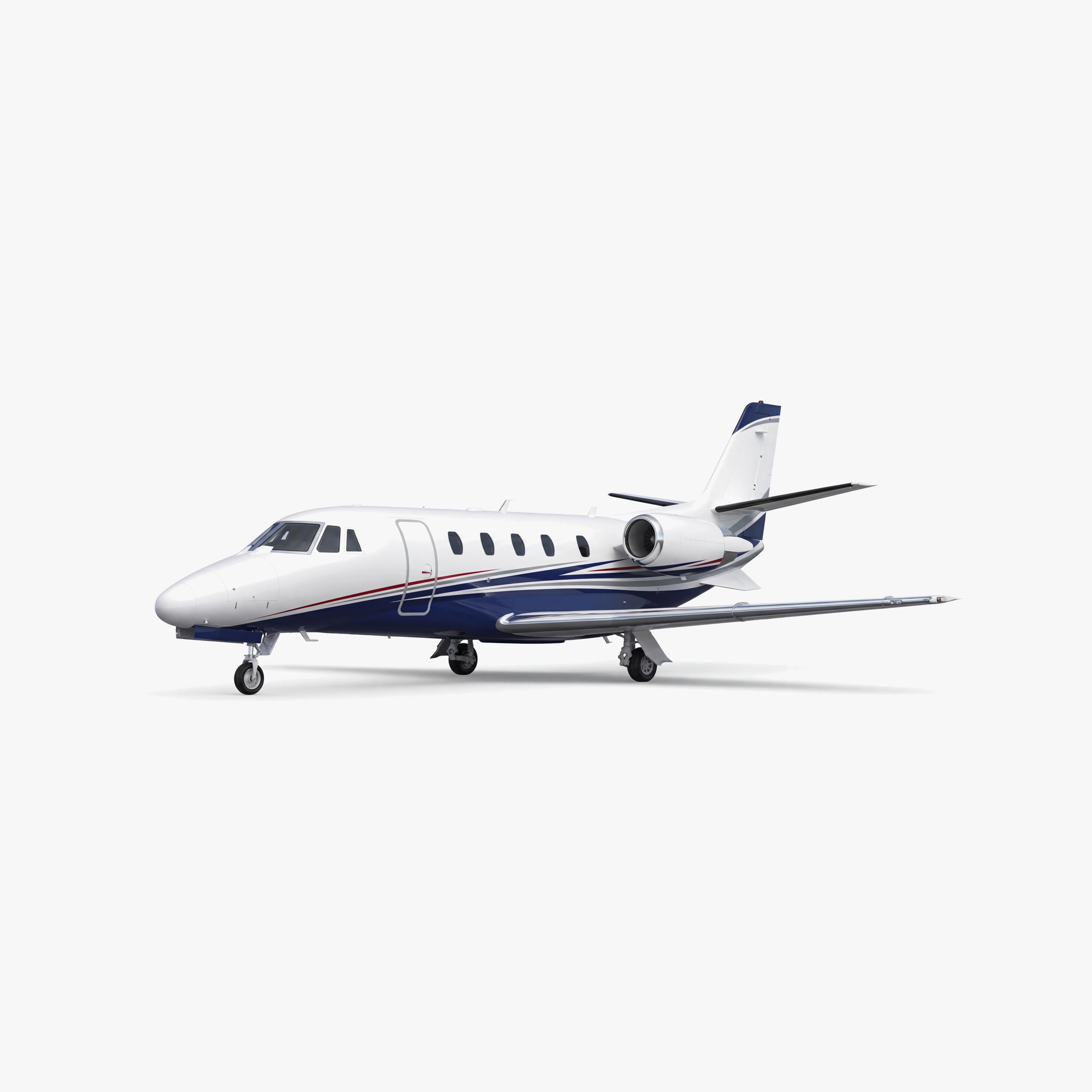 Citation XLS mid-size private jet with white fuselage and blue accent stripes on neutral background