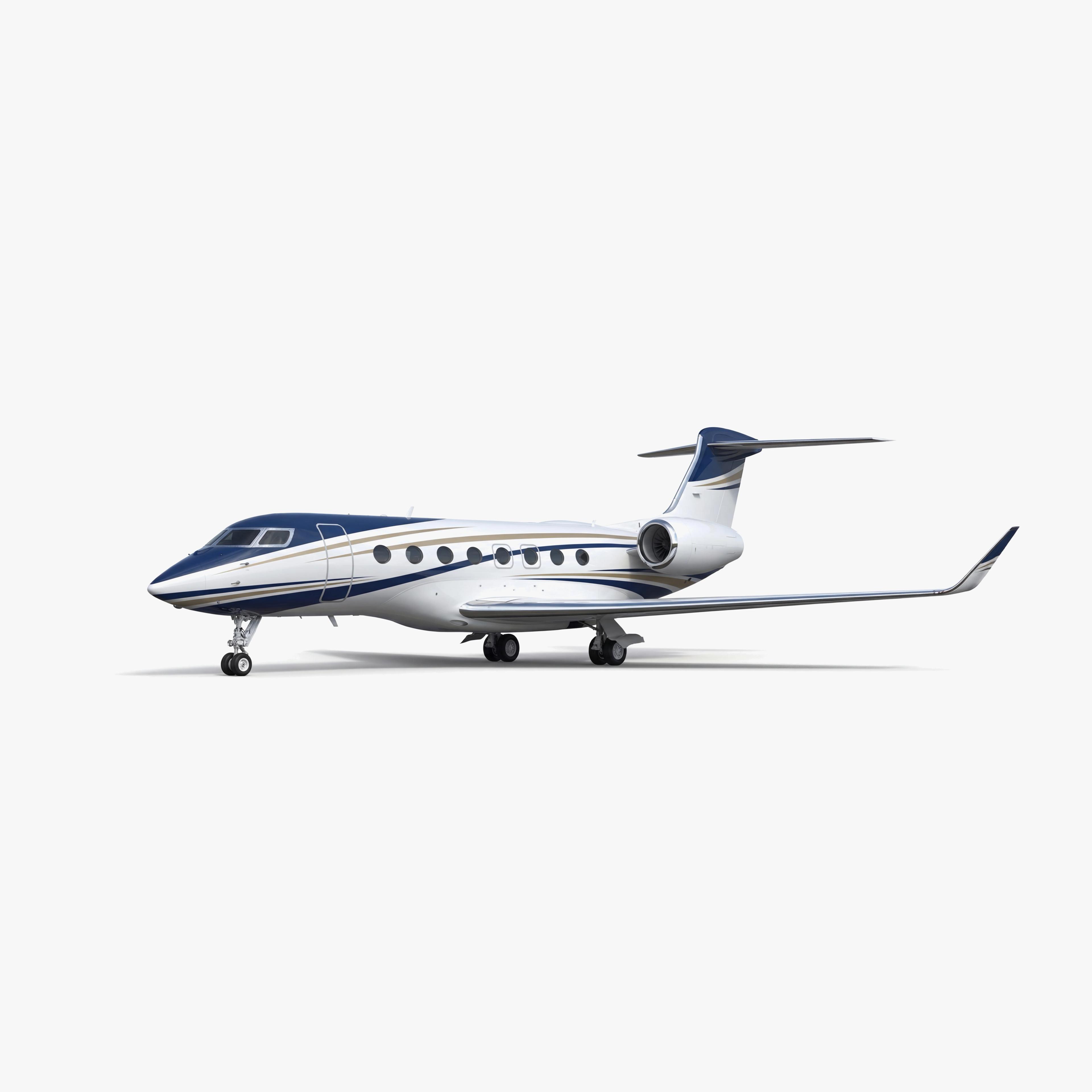 Gulfstream G650ER luxury private jet with white fuselage and navy blue accents on clean background