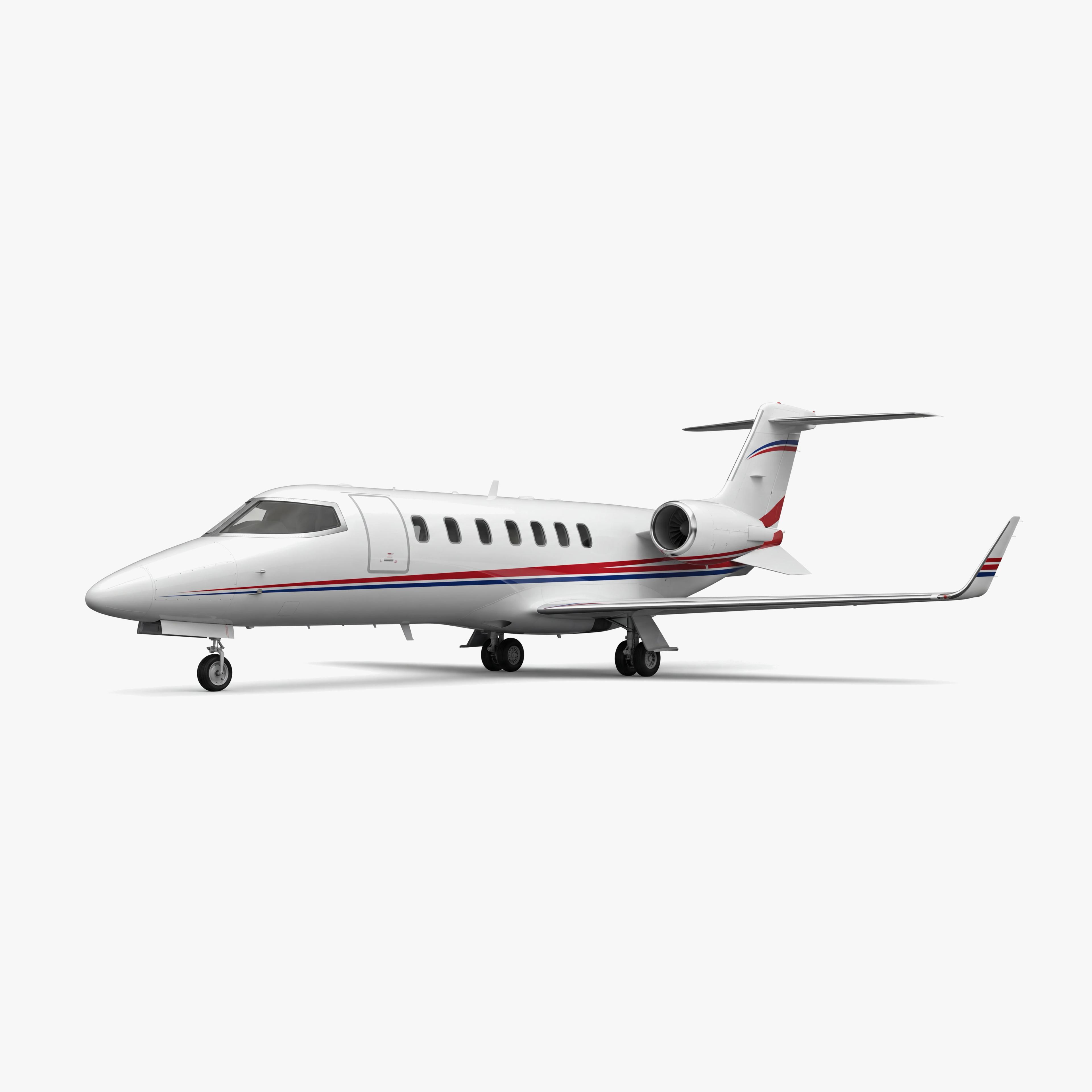 Learjet 45 mid-size business jet with white fuselage, red and blue accent stripes, T-tail design