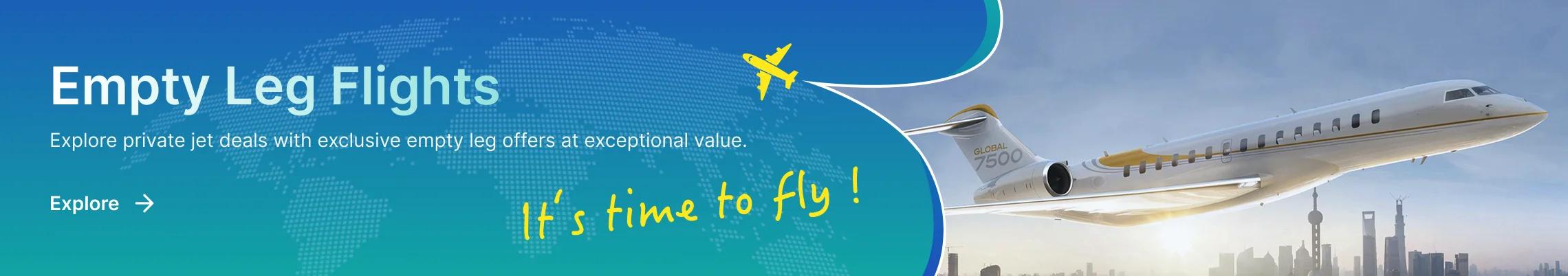 Luxury private jet flying over city skyline with 'Empty Leg Flights' promotional banner and yellow airplane icon