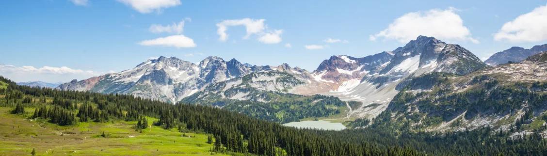 Majestic snow-capped mountain peaks rising above dense evergreen forests and alpine meadows under blue sky